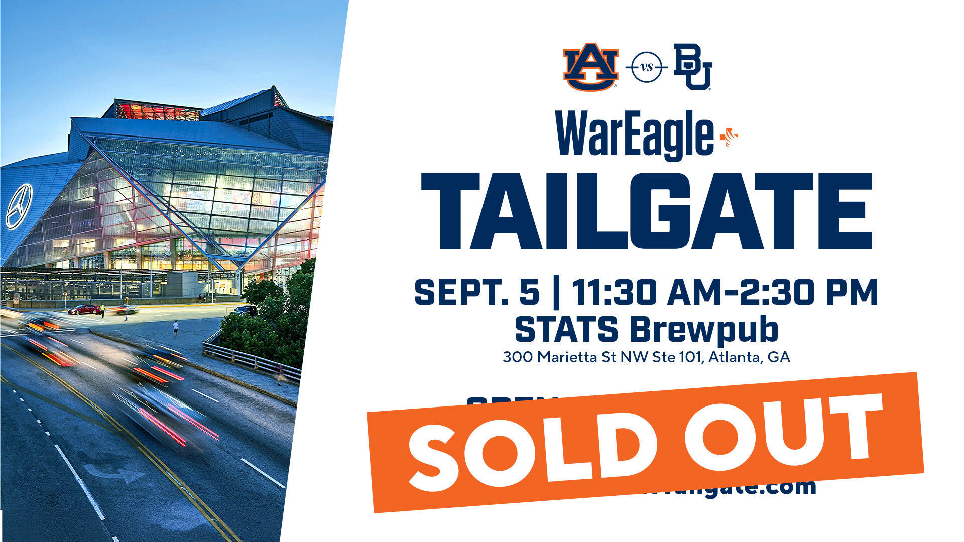 Auburn vs Baylor WarEagle+ Tailgate sold-out graphic — Sept. 5, 11:30 AM–2:30 PM at STATS Brewpub, 300 Marietta St NW Ste 101, Atlanta, GA.
